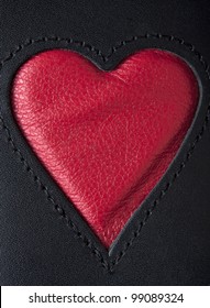 Leather Heart Symbol Red On Black Stiched