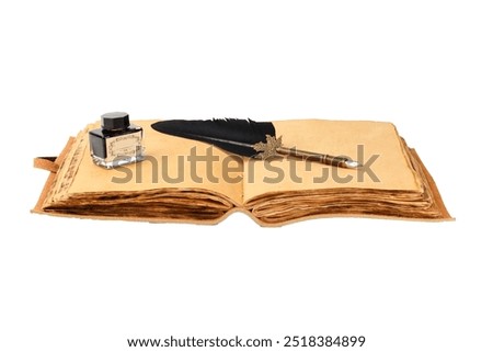leather or hide notebook or diary with old yellow papyrus sheets with pen and jar of black ink vita comensal foreground white or transparent background, with space for text, 