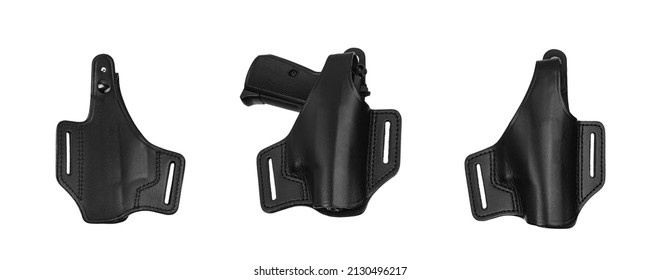 Leather holster for a pistol. Accessory for convenient and concealed carrying of weapons. View from all sides. Isolate on a white background.