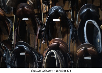 leather horse saddles hanging on the wall