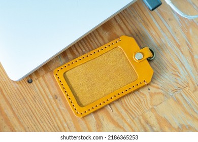 Leather Id Card Holder Handmade Craftmanship Working On Wood