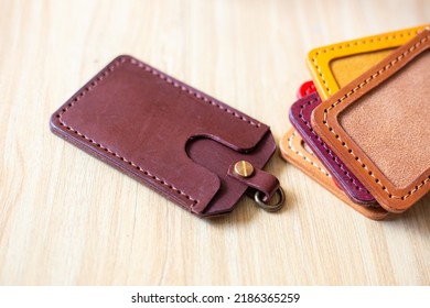 Leather Id Card Holder Handmade Craftmanship Working On Wood