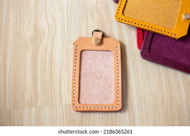 Leather Id Card Holder Handmade Craftmanship Working On Wood