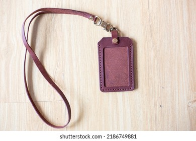 Leather Id Card Holder Handmade Craftmanship Working On Wood