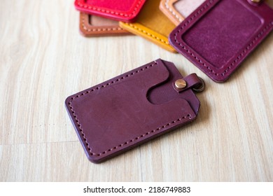 Leather Id Card Holder Handmade Craftmanship Working On Wood