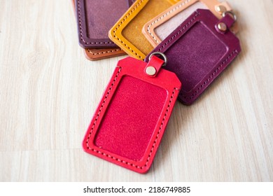 Leather Id Card Holder Handmade Craftmanship Working On Wood