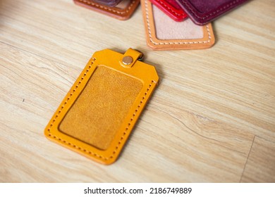 Leather Id Card Holder Handmade Craftmanship Working On Wood