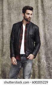 Leather Jacket Guy Looking Away Studio Stock Photo 600205229 | Shutterstock