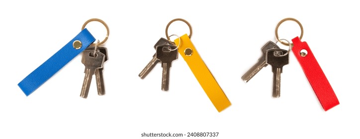 Leather keychain with key ring isolated on white background. Concepts for real estate and moving home or renting property. Buying a property. Mock-up keychain.Copy space. - Powered by Shutterstock