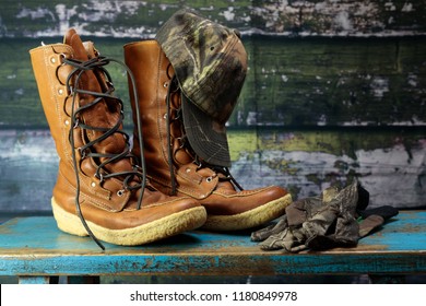 Leather Lace Up Hunting Boots With Camo Hat And Gloves