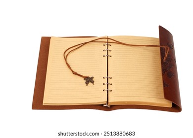 leather or leather-bound notebook or diary, close-up view of diner open with rings and pen floating, sheets of old recycled paper, white or transparent background, with space for text, - Powered by Shutterstock