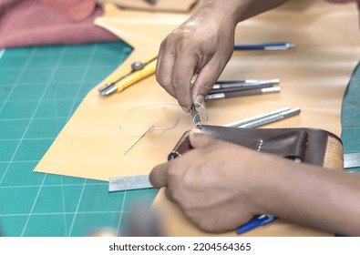 Leather Making Hands Working With Genuine Leather In Workshop