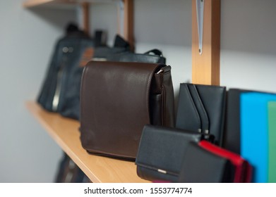 Leather products displayed at the shelf 