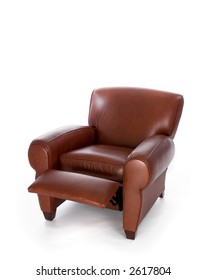 Leather Recliner Chair, With Foot Rest Extended, Isolated On White Background.