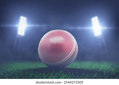 leather red cricket ball lies on grass in stadium with floodlights. Cricket Championship, creative idea. Sport Card Concept - Powered by Shutterstock