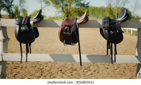 Leather saddles hanging on the wooden fence in the sandy arena. Sandy parkour with trees against blue sky in the background. Horse riding sandy arena. Concept of horse riding competition. - Powered by Shutterstock