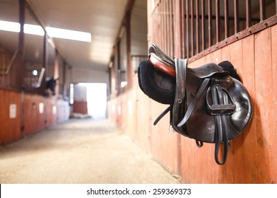 A leather saddles horse in a stable