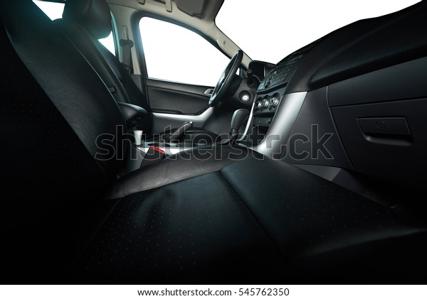 Leather seats in modern pickup truck with\
isolated windows