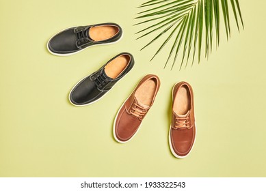 leather sneakers in a green set with a palm leaf