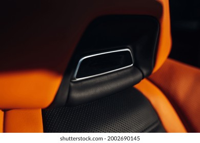 Leather sport comfortable seat of modern supercar close up