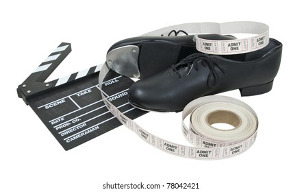 Leather tap shoes with a movie board and a roll of tickets - path included