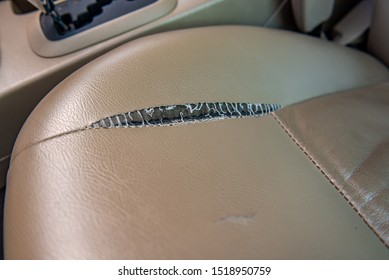 The Leather Tear Of Car Seat, Deteriorate, Torn, Cracked Leather And Car Seat Damaged.