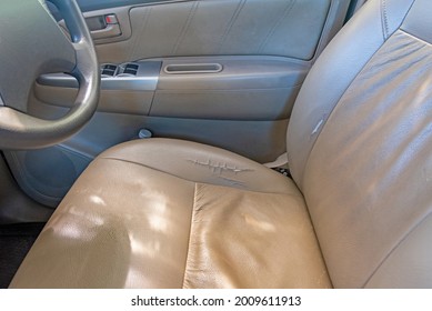 The Leather Tear Of Car Seat, Deteriorate, Torn, Cracked Leather And Car Seat Damaged.