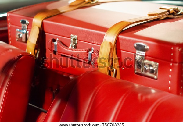 Leather travel bags fixed in the\
car and ready to travel. Active leisure concept.Vintage\
style