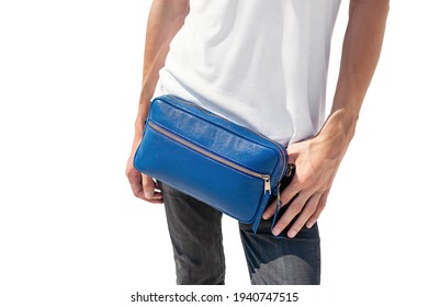 Leather Waist Belt Bag Leather Fanny Pack Men Waist Purse. The Guy Is Wearing A Blue Leather Belt Bag. Isolated