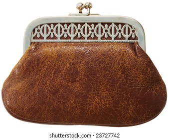 Leather Wallet. Old Vintage Handbag Isolated On White Background.