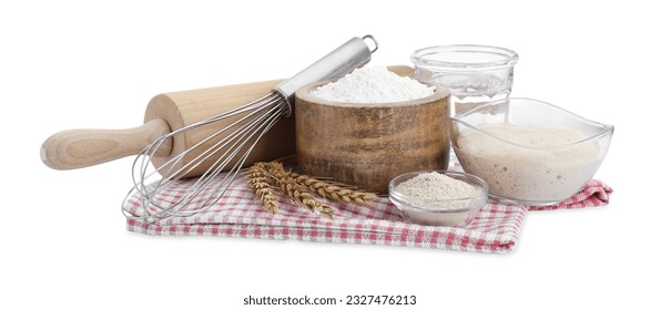 Leaven, flour, water, rolling pin, whisk and ears of wheat isolated on white - Powered by Shutterstock