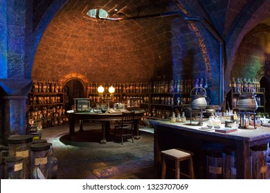 Leaverden, England - August 31 2014: Potions classroom at the Making of Harry Potter Studio.