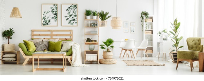 Leaves posters on white wall above green settee with pillows and blanket in spacious living room interior with plants
