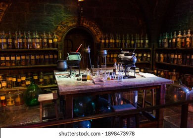 Leavesden, England, UK - January 2021. The beautiful potions classroom decor from the Harry Potter film sets at Warner Bros. Studio Tour London – The Making of Harry Potter.