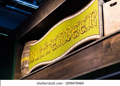 Leavesden, England, UK - January 2021. Butterbeer pub sign. Harry Potter film sets at Warner Bros. Studio Tour London – The Making of Harry Potter. Delicious beverage imagined by JK Rowling.