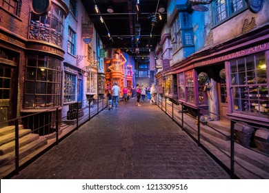 Leavesden, London - August 10 2018:  Diagon Alley With Fans From Harry Potter Film In The Warner Brothers Studio Tour 'The Making Of Harry Potter'.