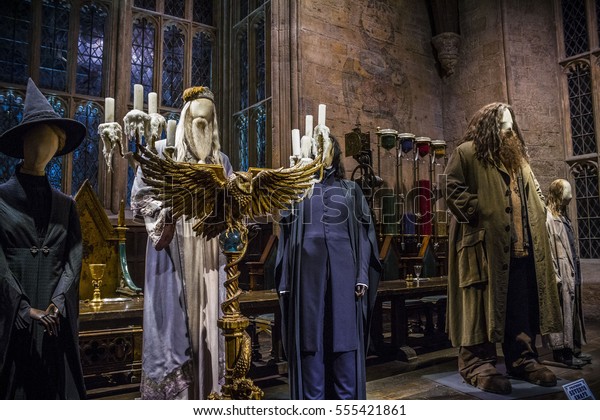 LEAVESDEN, LONDON - MAY 11, 2015: Dumbledore addressing the great hall at the Warner Brothers Studio tour 'The making of Harry Potter'.