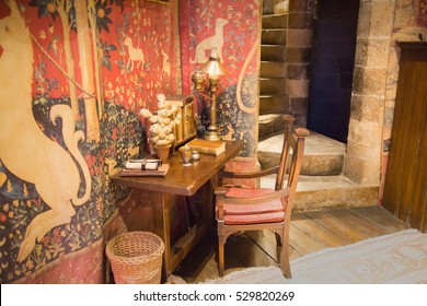 Leavesden, London, UK - 1 March 2016: Interior Detail Of Student's Living Room In Hogwarts. Decoration Warner Brothers Studio For Harry Potter Film