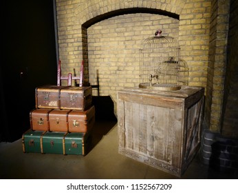 Leavesden, London, UK - DECEMBER 17th 2017: Trolley And Luggages At Hogwarts Express And Platform In The Warner Brothers Studio Tour 'The Making Of Harry Potter'.