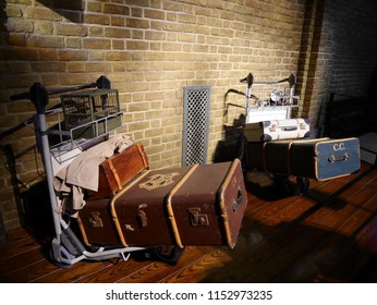 Leavesden, London, UK - DECEMBER 17th 2017: Trolley And Luggages At Hogwarts Express And Platform In The Warner Brothers Studio Tour 'The Making Of Harry Potter'.