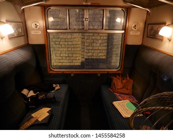 LEAVESDEN, LONDON, UK - DECEMBER 17th 2017: Scene inside Hogwarts express train at the Warner Brothers Studio tour 'The making of Harry Potter' from Harry Potter film.