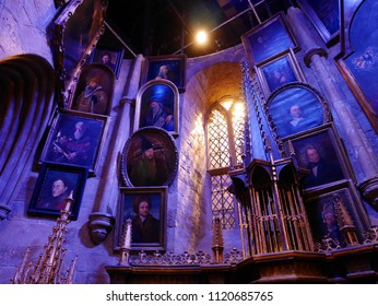 LEAVESDEN, LONDON, UK - DECEMBER 19th 2017: Dumbledore's Office In The Great Hall At The Warner Brothers Studio Tour 'The Making Of Harry Potter'. There Are Many Frame Pictures From Harry Potter Film.