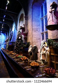 Leavesden, London, UK - DECEMBER 19th 2017: The Great Hall In The Warner Brothers Studio Tour 'The Making Of Harry Potter'. There Is Model Of Dinner Table And Hall From Harry Potter Film.