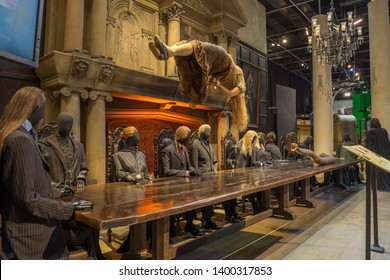 Leavesden, London, UK - May 2019: Warner Bros. Studio Tour ‘The Making Of Harry Potter’ Malfoy Manor Fireplace, The Headquarters For The Death Eaters, Lord Voldemort’s Followers, With Giant Snake