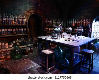 Leavesden, London,UK -DECEMBER 19th 2017: The Severus Snape' Classroom In The Warner Brothers Studio Tour 
'The Making Of Harry Potter'. There Is Model Of Medicine Room From Harry Potter Film.