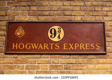 Leavesden, UK - January 9th 2022: A sign for the Hogwarts Express train, on display at The Making of Harry Potter tour at the Warner Bros. Studios in Leavesden, near London, UK.