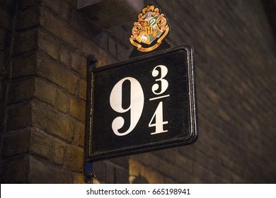 LEAVESDEN, UK - JUNE 19TH 2017: The sign for Platform 9 3/4 at the Making of Harry Potter Studio tour at the Warner Bros. Studios in Leavesden, UK, on 19th June 2017.