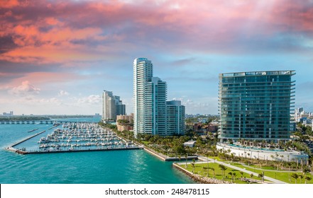 Leaving Miami With Cruise Ship. Aerial City Skyline At Dusk.