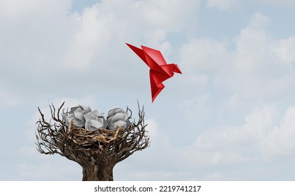 Leaving the nest metaphor as a concept for skill development and being ready for an opportunity as a group of crumpled paper eggs with a flying origami bird flying away on a new journey.