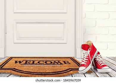 Leaving Shoes On Floor, At Front Door Entrance Outside Home.